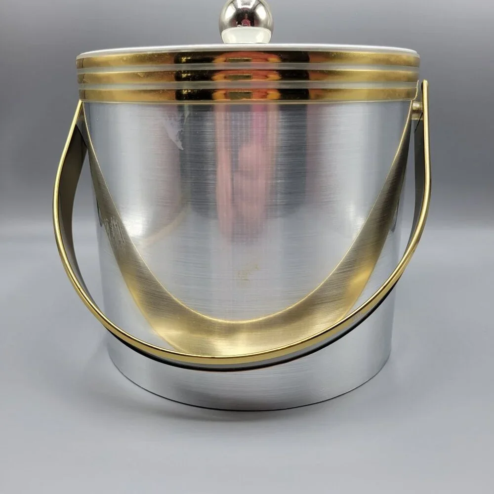 Vintage Mid Century Modern MCM Silver Gold Ice Bucket Clear Lid & Metal Handle